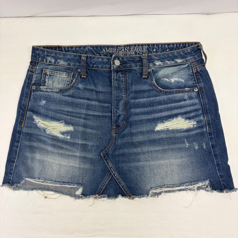 American Eagle Denim Skirt Womens 14 Blue Distressed Raw Hem Mini Boho Casual
